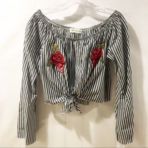 Stripped Flower Tie-Up Crop Top - Small